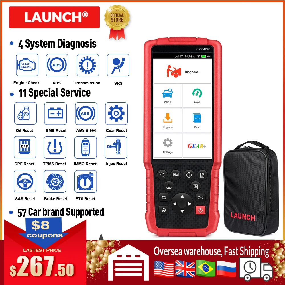 Считыватель кодов LAUNCH X431 CRP429C OBD2 сканер ENG ABS подушки безопасности SRS на
