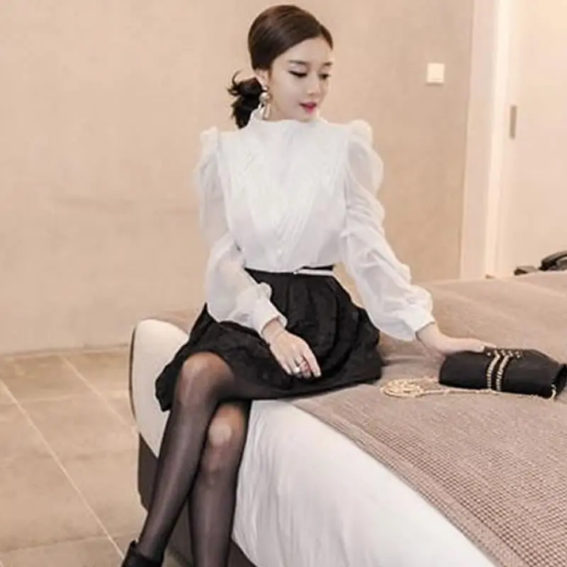 

Korean Style Women Autumn Chic Elegant Chiffon Shirt Office Lady Multi-layer Pleated Stand Collar Black White Blouse Bottom Tops