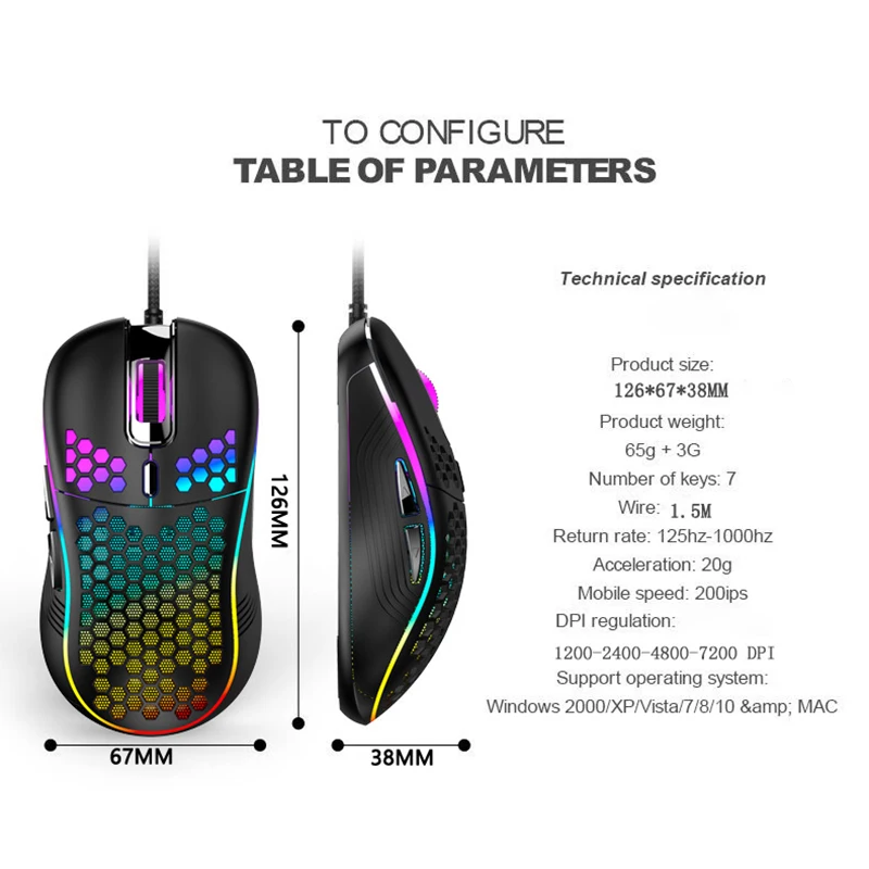 

GM05 Lightweight RGB Gaming Mouse 7200DPI Honeycomb Shell Ergonomic Mice with Ultra Weave Cable For Computer Gamer PC Desktop