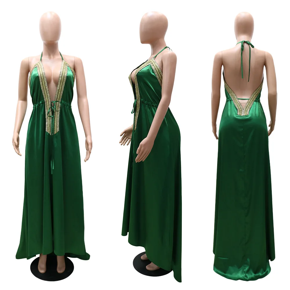 

Party Silky Satin Dress Plus Size Women's Suspenders Sleeveless V-Neck Collocation Lace Fashionable Sexy Dress Long Skirt 2021
