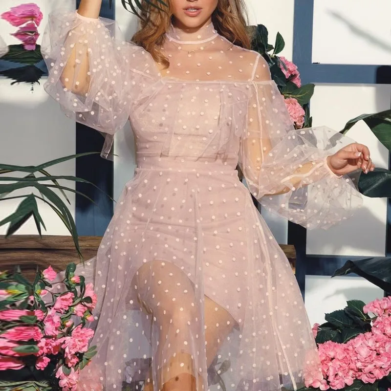 

Lugentolo Pink Dress Women Party Lantern Long Sleeve Round Neck Mesh Stitching Summer Fashion A-Line Midi Dresss