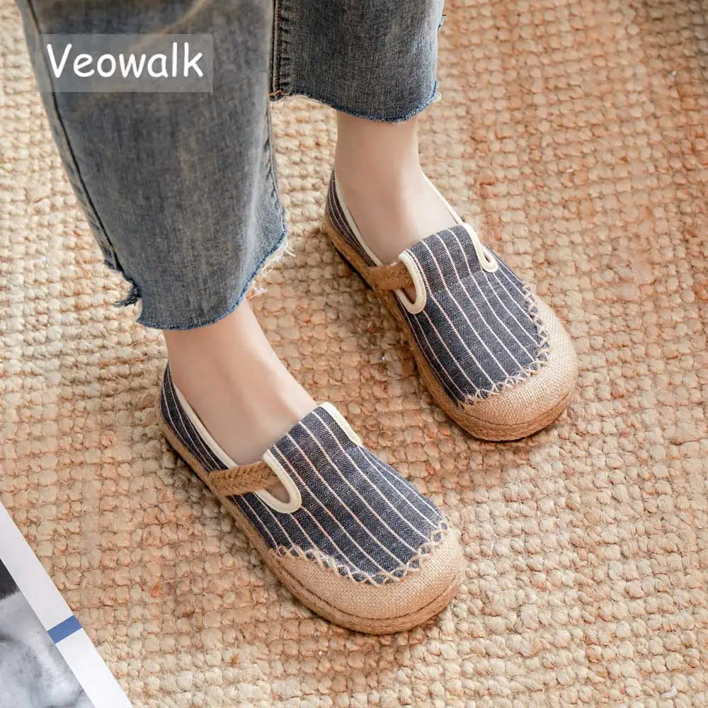

Veowalk Women Striped Linen Cotton Fabric Loafers Comfortable Slip On Sneakers Ladies Casual Flats Shoes Handmade Espadrilles