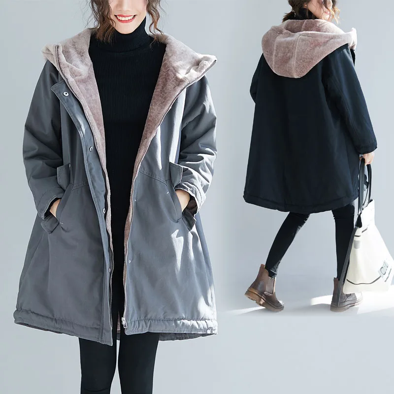 2022 Winter New Plus Velvet Cotton-Padded Jacket Korean Loose Mid-Length Thick Contrast Stitching Hooded Cotton Jacket Women