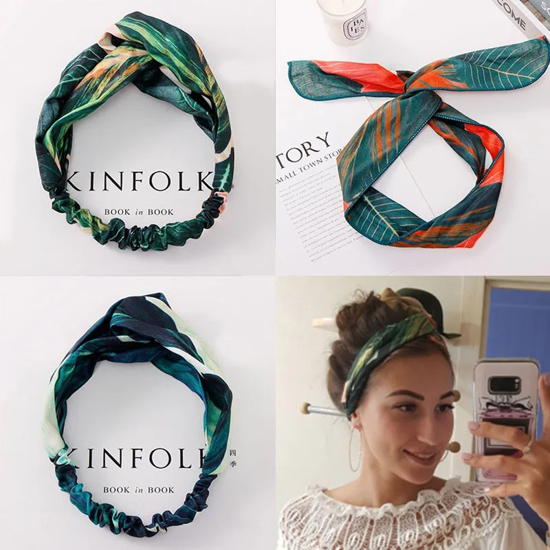 

Bohemian Hairband Women Bandanas Print Leaves Hairband Elastic Headband Summer HairBand Retro Cross Knot Turban Hair Accessories
