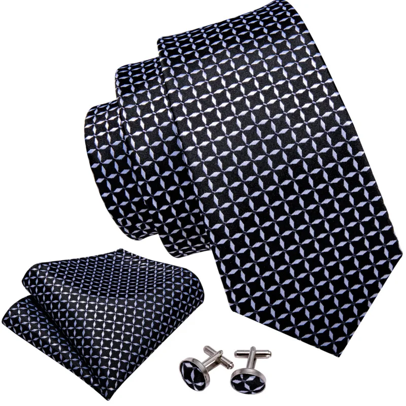 

Men Tie Classic Black Plaid Necktie Casual Silk Tie Jacquard Tie Handkerchief Cufflinks Set Wedding Party Business