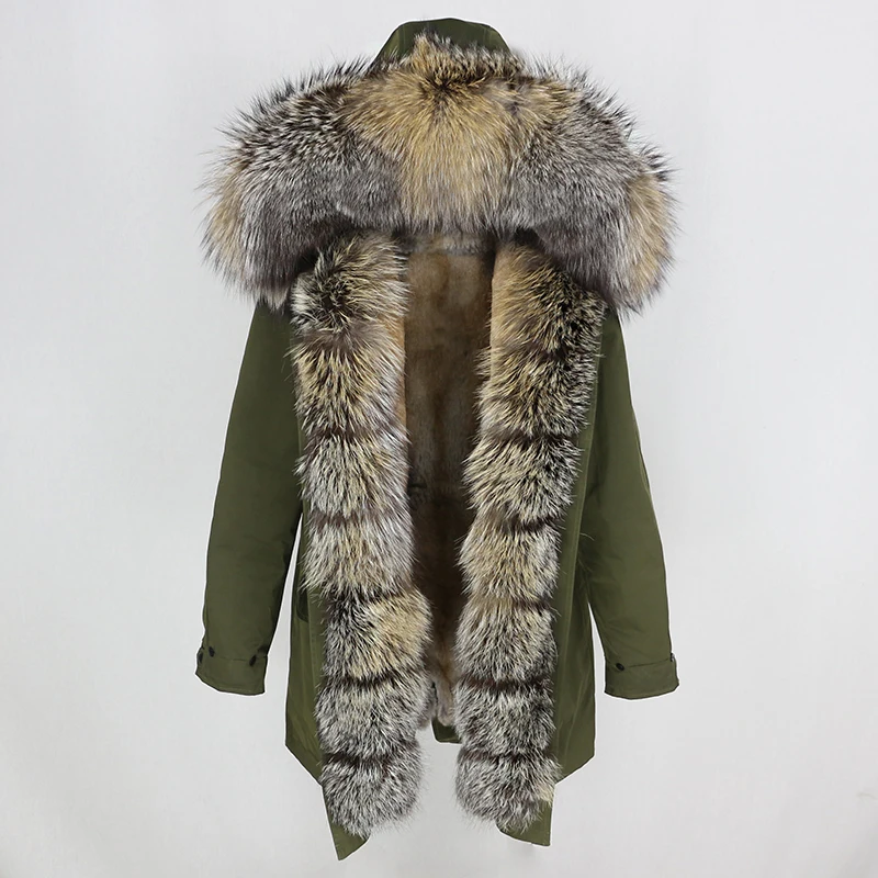 green new color Женское пальто с натуральным мехом OFTBUY, чёрная куртка с воротником из натурального лисьего меха, водонепроницаемая длинная парка, теплая уличная верхняя одежда со съемным мехом для зимы - Цвет: green new color