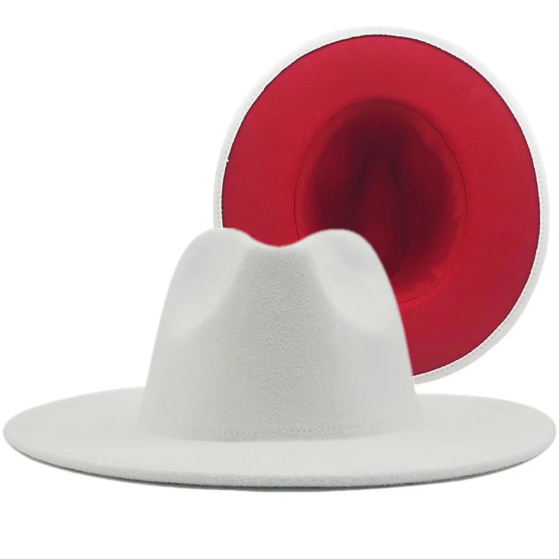 

Red New White Patchwork Felt Jazz Hat Cap Men Women Flat Brim Wool Blend Fedora Hats Panama Trilby Vintage Hat 56-58-60CM