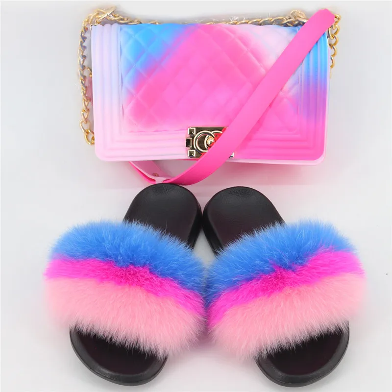 Комплект женских шлепанцев и сумок шлепанцы из лисьего меха ПВХ цветная сумка с