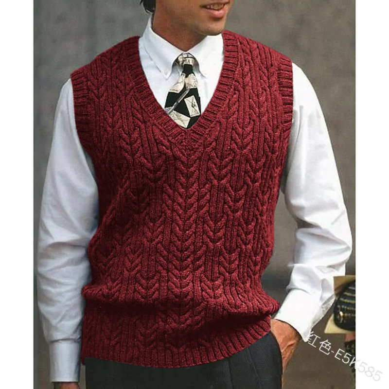 

WEPBEL Men's Casual Vest Autumn and Winter Fashion Solid Color Sleeveless V-neck Warm Knitted Slim-Fit Sweater Vest