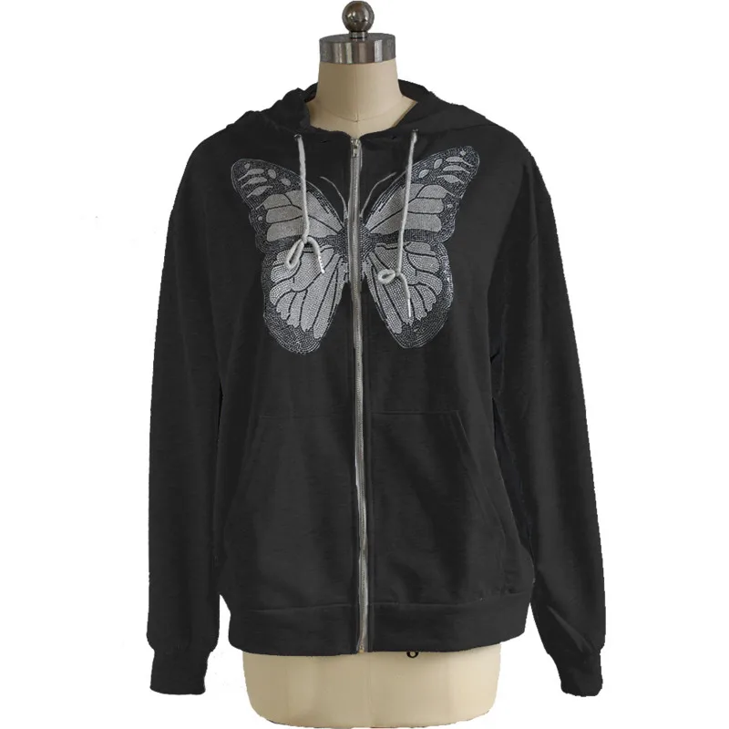 

Y2K Fashion Oversize Butterfly Graphic Rhinestone Zipper Hoodie Women's All-match Casual Top Long Sleeve Hooded Sweatshirt Women