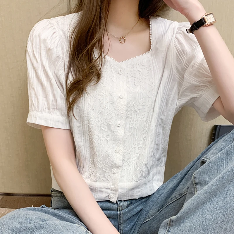 Блузка женская с квадратным вырезом однотонный хлопковый кардиган Офисная