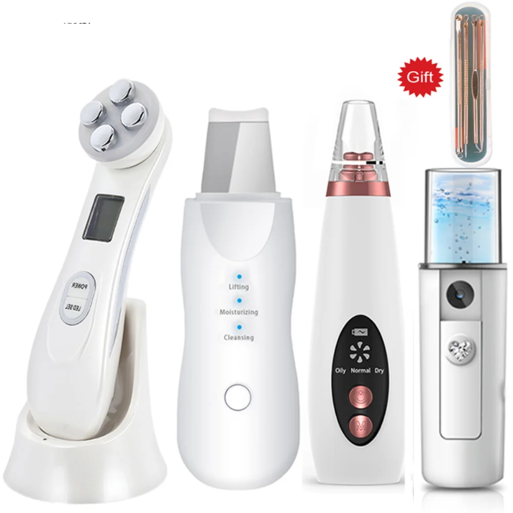 

RF EMS LED Mesotherapy Facial Massager+Ultrasonic Skin Scrubber+Blackhead Remover Electric Pore Cleaner+Nano spray Face Steamer