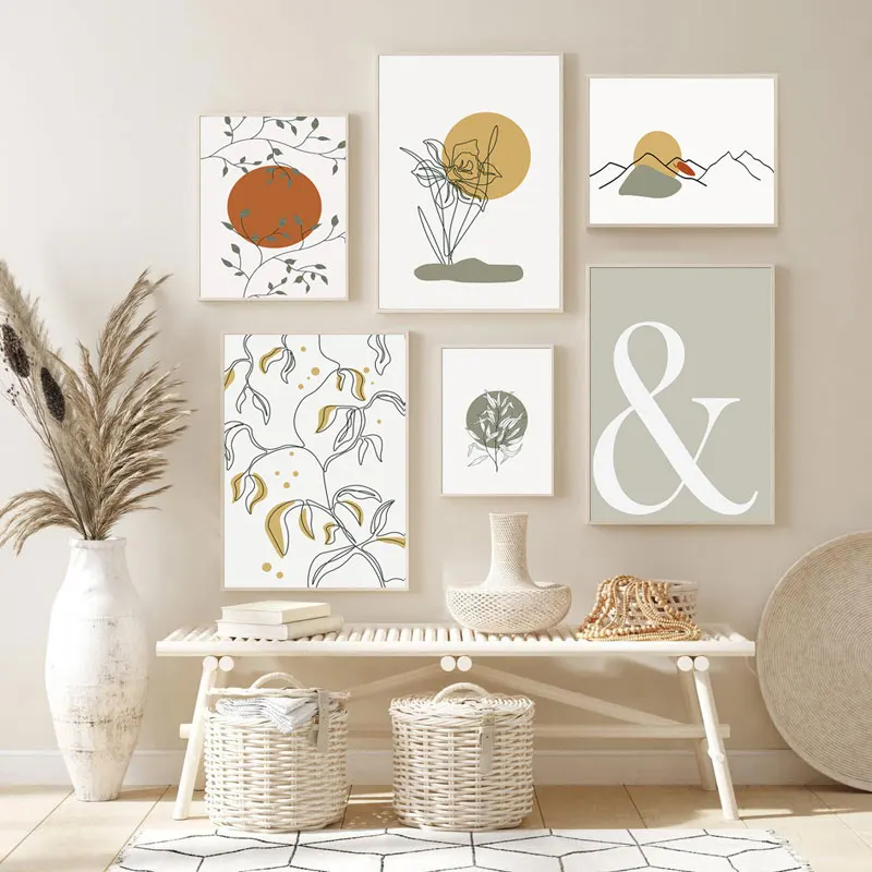 

Nordic Abstract Boho Canvas Painting Mountain Sunset Posters and Prints Flower Wall Art Pictures for Living Room Home Decor