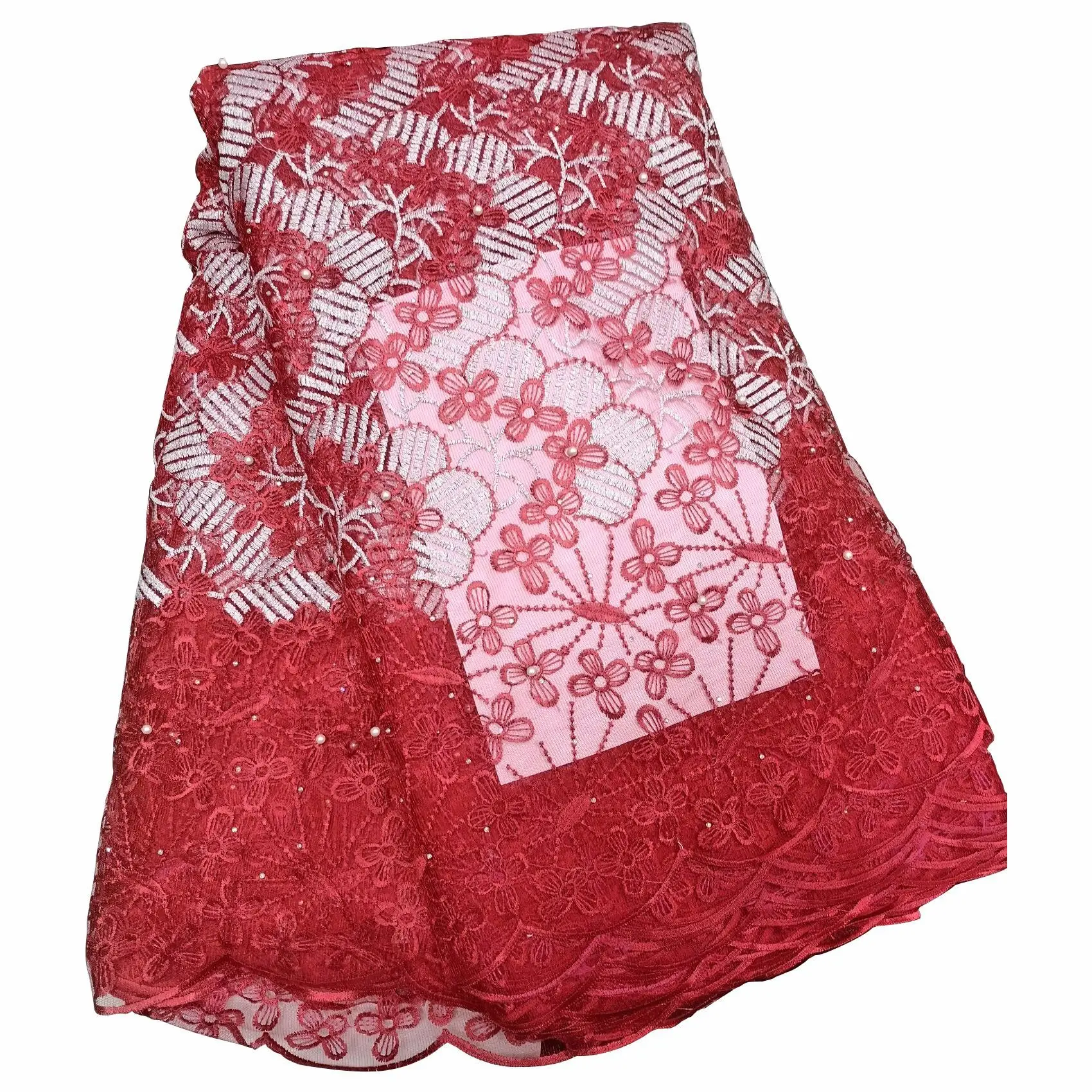 Новейшая розово-красная африканская кружевная ткань из бисера 2019 французская