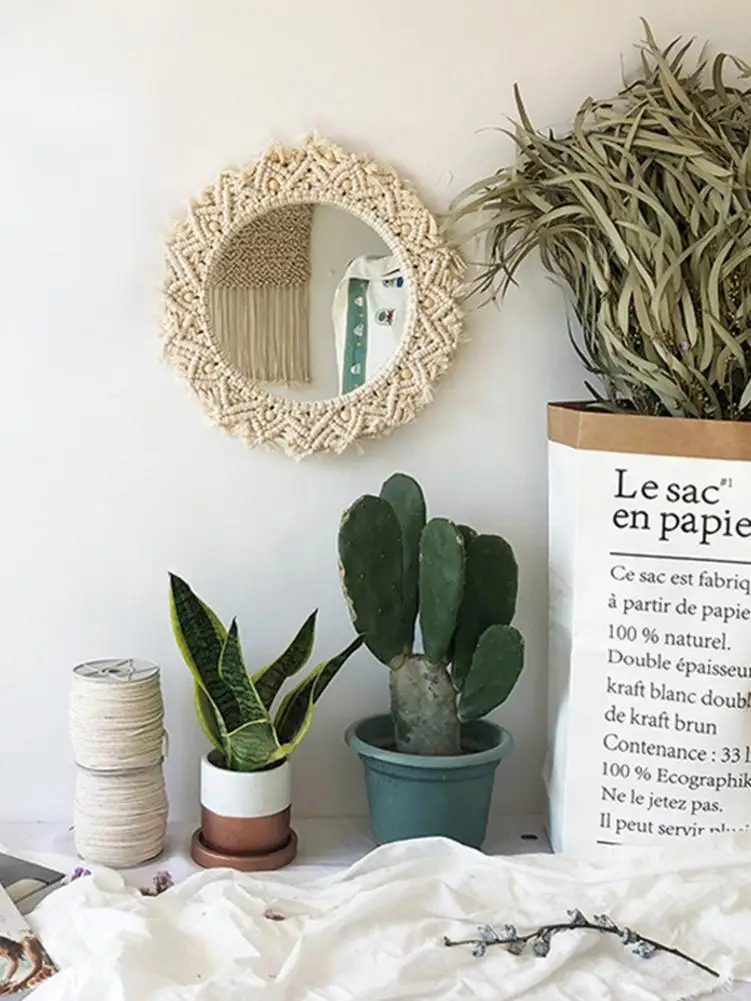 1 предмет бежевое круглый богемский зеркало макраме Hand-Made из хлопчатобумажного каната домашний Настенный декор cтен, зеркал стильные настенные зеркала