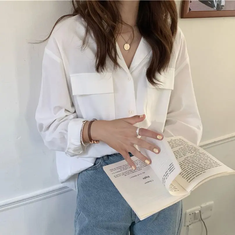 

Корейские женские рубашки HziriP с лацканами, Универсальные однотонные повседневные новые стильные свободные осенние Рубашки с длинным рукав...