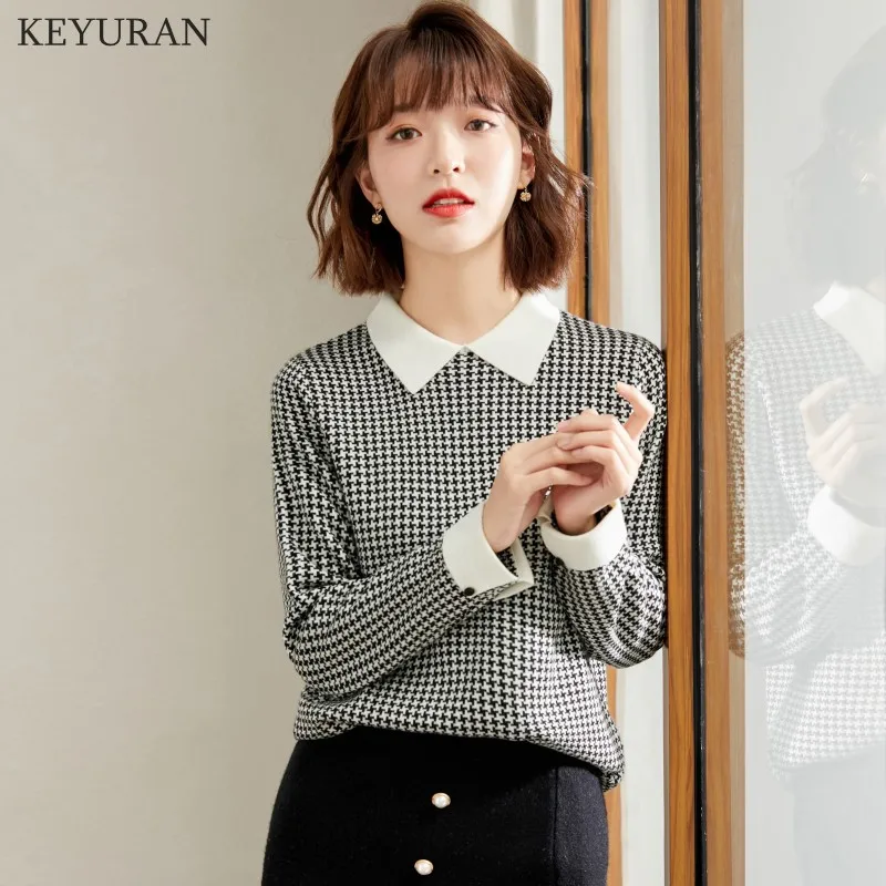 

Пуловер с рисунком «гусиные лапки», женский свитер, сезон зима 2021, повседневный трикотажный женский топ с длинными рукавами и кукольным вор...