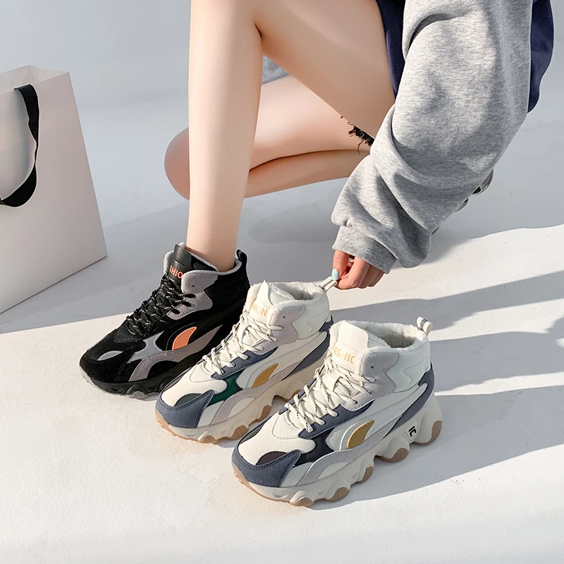 

2020 New Winter Warm Plush Leather Women's Platform Chunky Sneakers Fashion Flat Thick Sole Shoes Woman Dad Footwear Casual