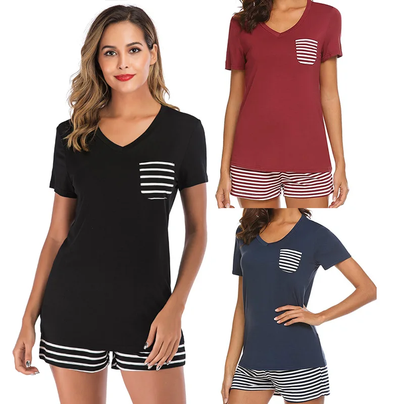 

Summer women's comfortable pajamas striped V-neck casual short sleeved shorts two-piece suit simple and natural home service