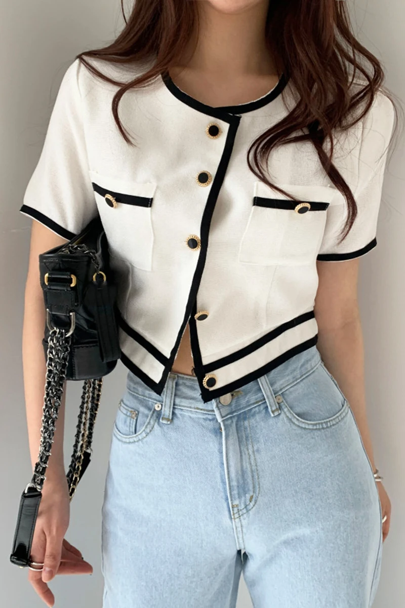 

Sannian Shirt Women Clothes Korean Retro Round Neck Contrast Color Line Design Shirt Buttons Loose Short Shirt Tops