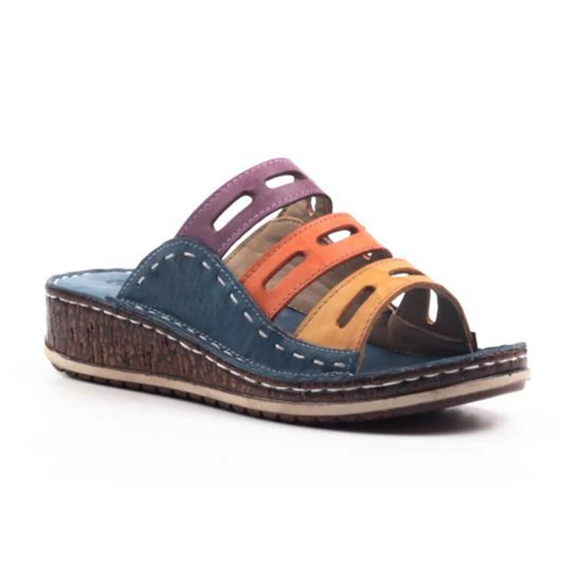 

Fashion Women Slippers Summer Slip on Sandals Shoes Casual mixed color Soft Leather Slippers Female Retro Flip Flops Shoes