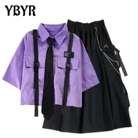 ybyr harajuku cargo skirts cotton woman 2021 loose a line pocket midi long black skirt shirt with tie two piece set streetwear