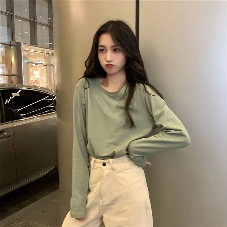 

long-sleeved t-shirt for female students Korean version loose and versatile bottoming shirt with top solid color