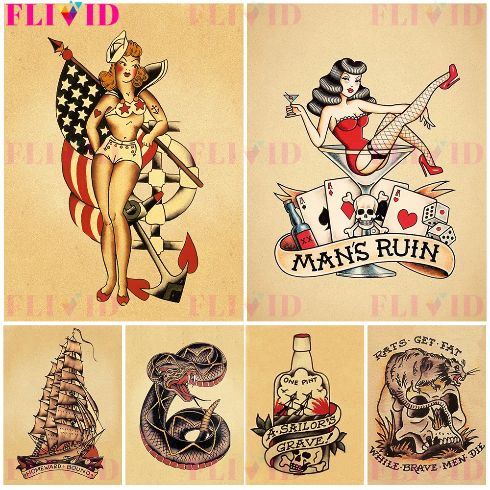 

Retro Sailor Tattoo Poster And Print Cartoon Navy Girl And Champagne Wall Art Canvas Paitning For Living Room Decor Unframed