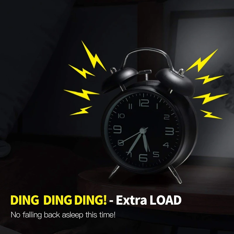 

4 inch Twin Bell Alarm Clock Metal Frame 3D Dial with Backlight Function Desk Table Clock for Home & Office black