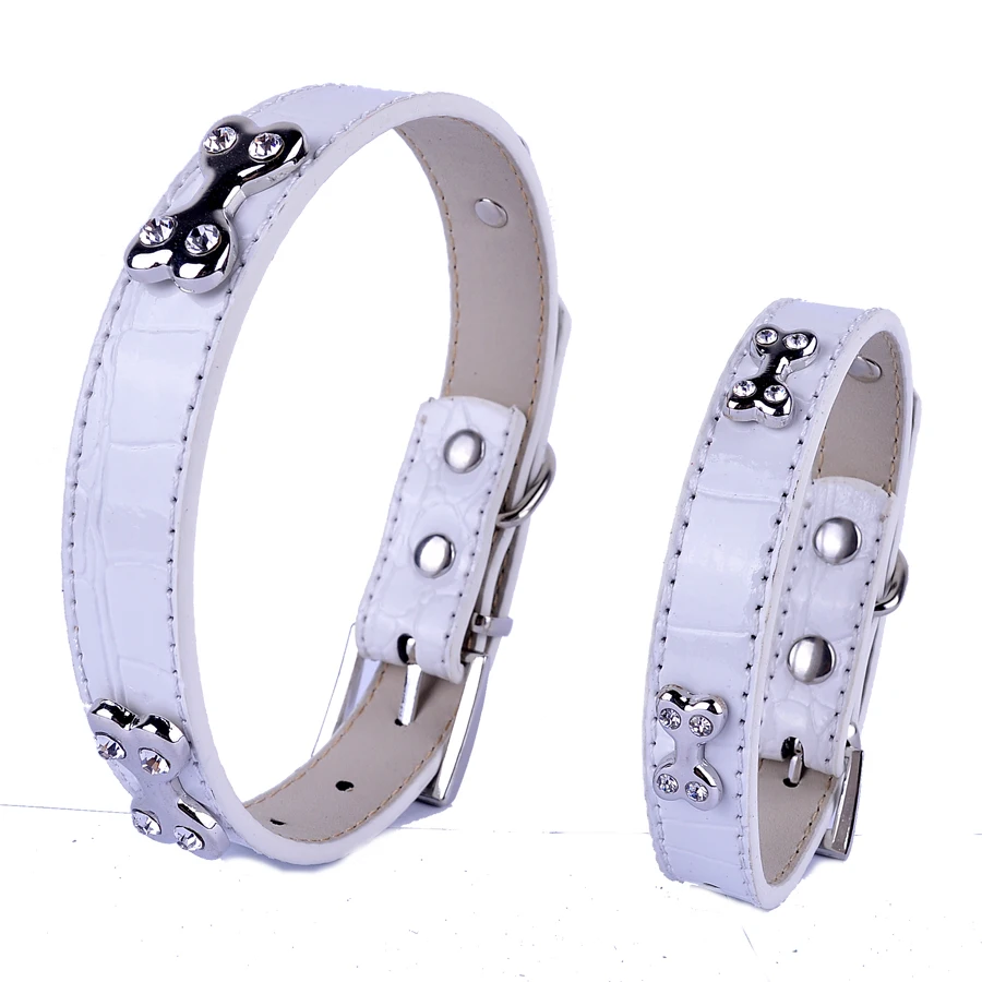 Ошейник из крокодиловой кожи стразы аксессуары в форме кости розовый черный