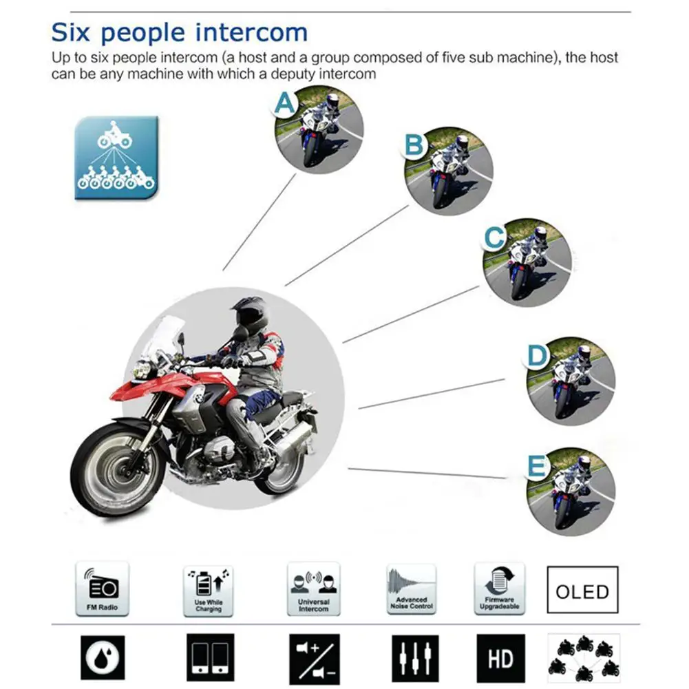 Беспроводной Bluetooth домофон для мотоциклетного шлема поддержка 6 всадников