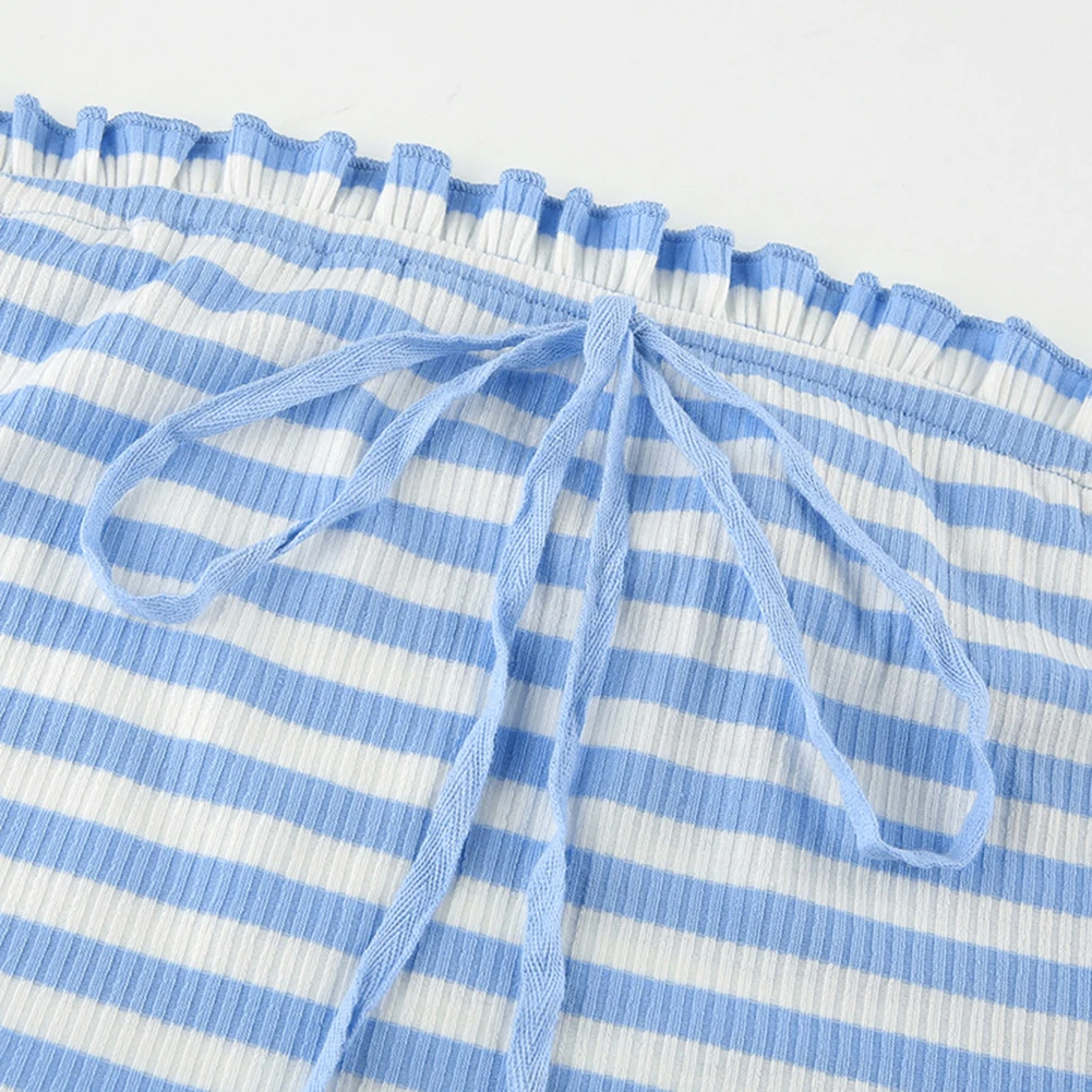 Woman Sexy Stripe Cropped T-Shirt Off Shoulder Long Sleeve Ribbed Crop Tops with Bowknot Fashion Blue and White Striped T-shirt | Женская