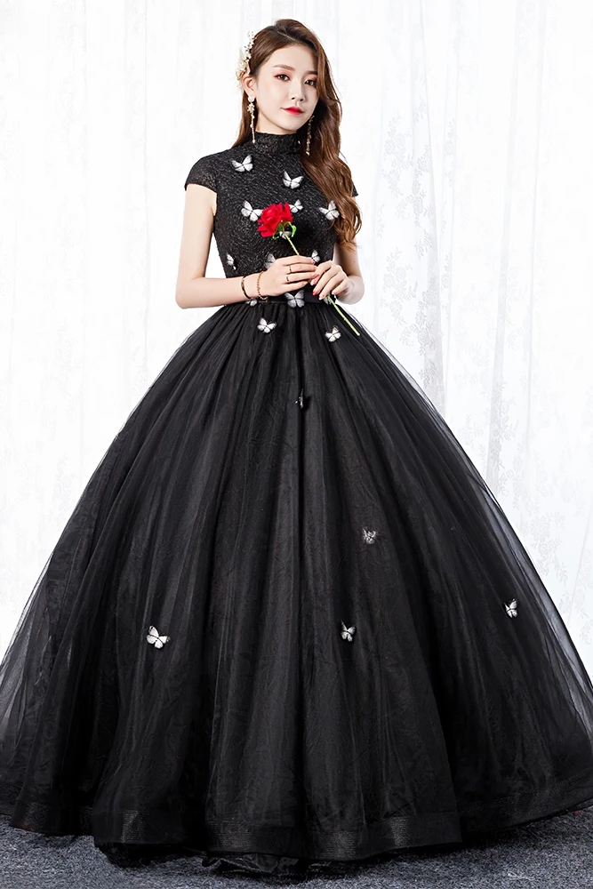 Милое черное пышное платье на 16 лет 2019 Vestido debutante 15 anos бальное с высокой горловиной