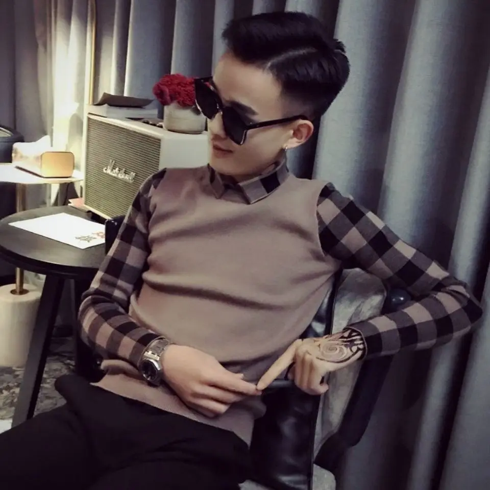 

Autumn Male Coat Mock Two-Piece Sweater Men's Lapel Bottoming Shirt Knit Sweater