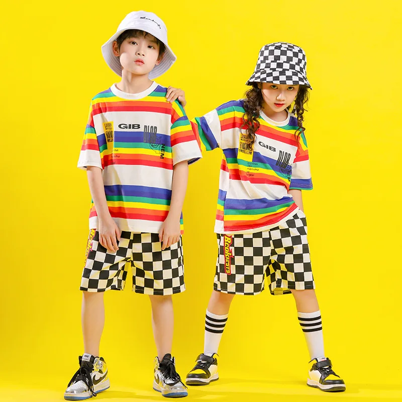 

Child Hip Hop Outfits Summer Boys Girls Fashion Loose Short Sleeve Striped T Shirt Plaid Short Jazz Dance Costume Clothes Wear