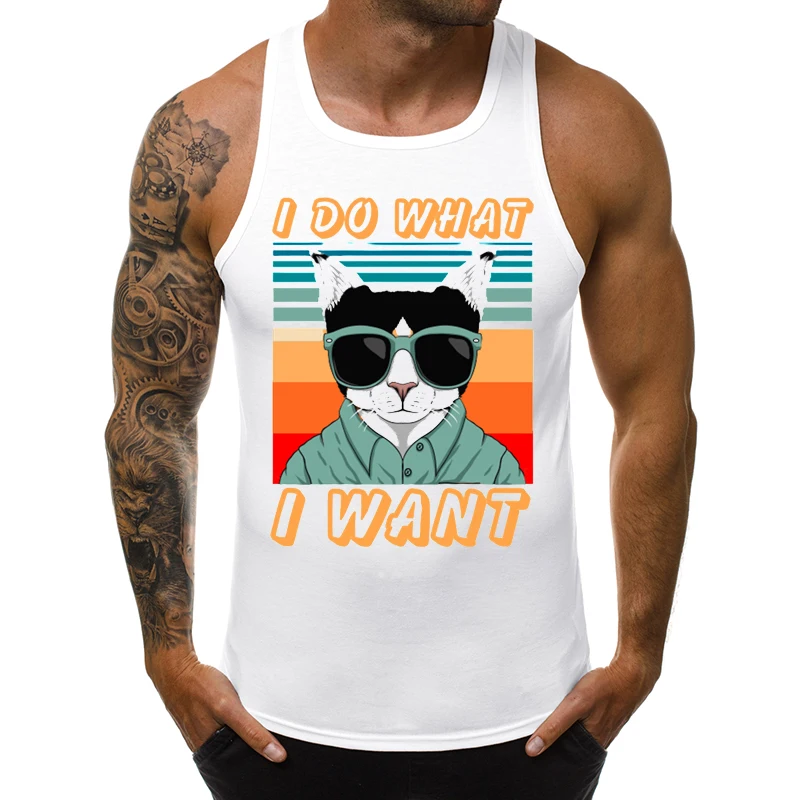 

Cat I Do What I Want Men Tank Tops Vintage Sunglass Cat Printed Sleeveless Garment Singlet Casual Clothing Fashion Cool Vest