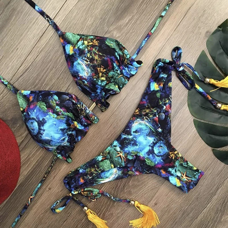

Tassel swimsuit with flowers Sexy push up bikinis 2020 mujer Triangle swimwear women summer bathers Tie up bathing suit swimsuit