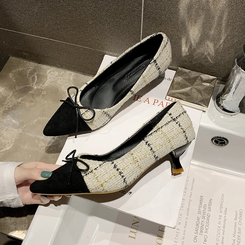 

High Quality Women Office Shoes New Wild Fashion Plaid Pumps Women's High Heel Pointed Womens Shoes mature Tenis Feminino W37-35