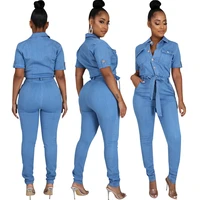 women blue denim jumpsuits fashion short sleeve buttons commute jumpsuits high waist lace up multi pocket slimming women outfits