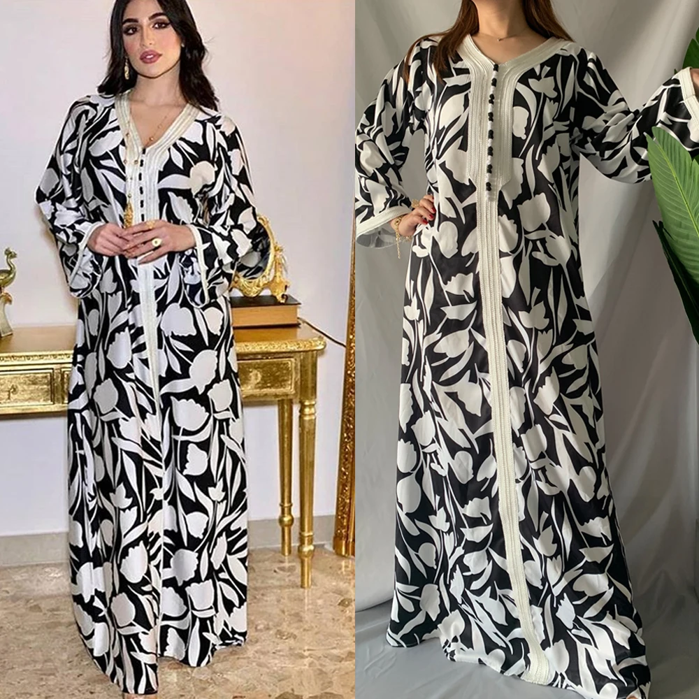 

Dubai Kaftan Printed Long Dress Abaya Muslim Women Casual Maxi Robe Gown Middle East V-neck Autumn Ethnic Ramadan Vintage Islam