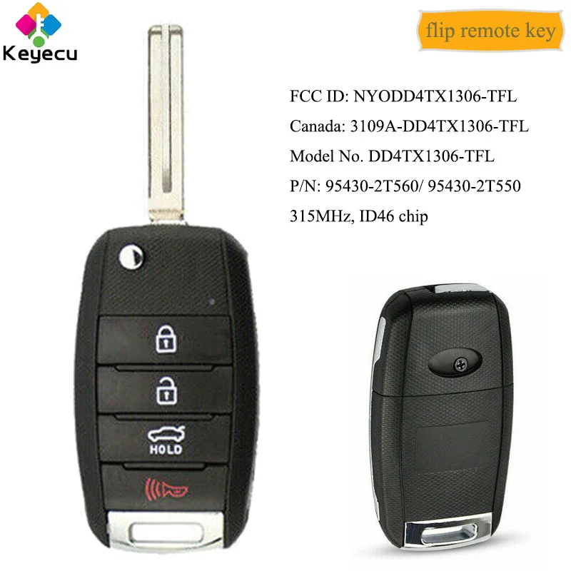 Брелок дистанционного управления KEYECU для автомобиля с 4 кнопками и чипом 315 МГц ID46