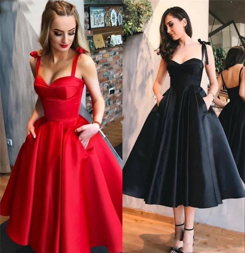 

Sexy Lady Length Prom Dresses Short With Pockets Sweetheart Straps Zipper Satin A-Line Simple Evening Party Gowns فساتين السهرة