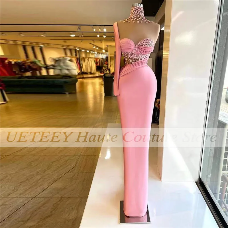 

New Pink Elegant Prom Dresses Beading Appliques High Neck One Shoulder Long Sleeve Mermaid Formal Evening Dress Robes De Soirée