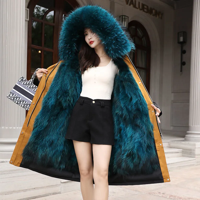 

2021 Winter New Style To Overcome Woman Raccoon Fur Collar Rex Rabbit Fur Liner Detachable Mid-Length Mink Fur Hooded Jacket