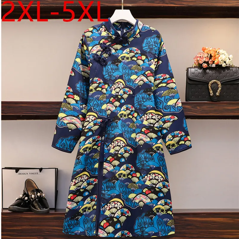 

2XL-5XL 2021 Plus Size Dress For Women Spring Autumn Chinese Cheongsam Style Long Sleeve Retro Print Split Large Ladies Dresses