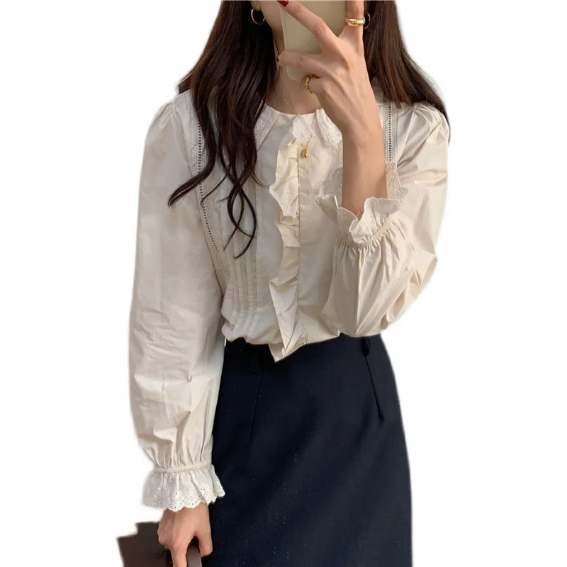 

South Korea Ins Spring Retro Anti-Aging Tree Fungus-like Lacework Splicing Loose Pleated White Long Sleeve Shirt Top Female