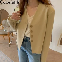 colorfaith new 2021 autumn winter womens blazers v neck casual buttons jackets vintage wild lady oversize short tops jk1071