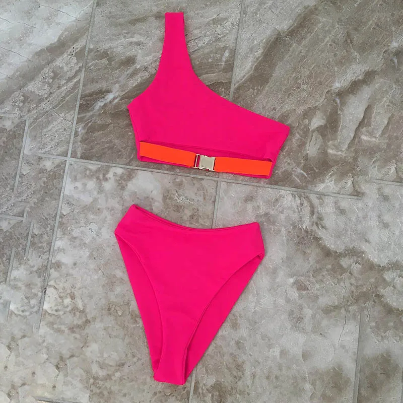 2019 сексуальные розовые красные бикини на одно плечо с высокой талией купальники