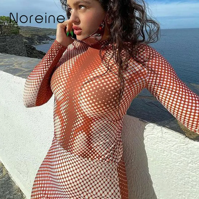 

Noreine Tie Dye T Shirt Long Sleeve Skinny Y2K Autumn 2021 Streetwear Polka Dots Printed Turtleneck Women Crop Shirts