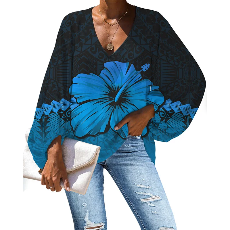 

HYCOOL Fall Casual Plus Size Long Sleeve Tops Women Polynesian Hibiscus Print Blue Lantern Sleeve Elegant Chiffon Blouses Shirts